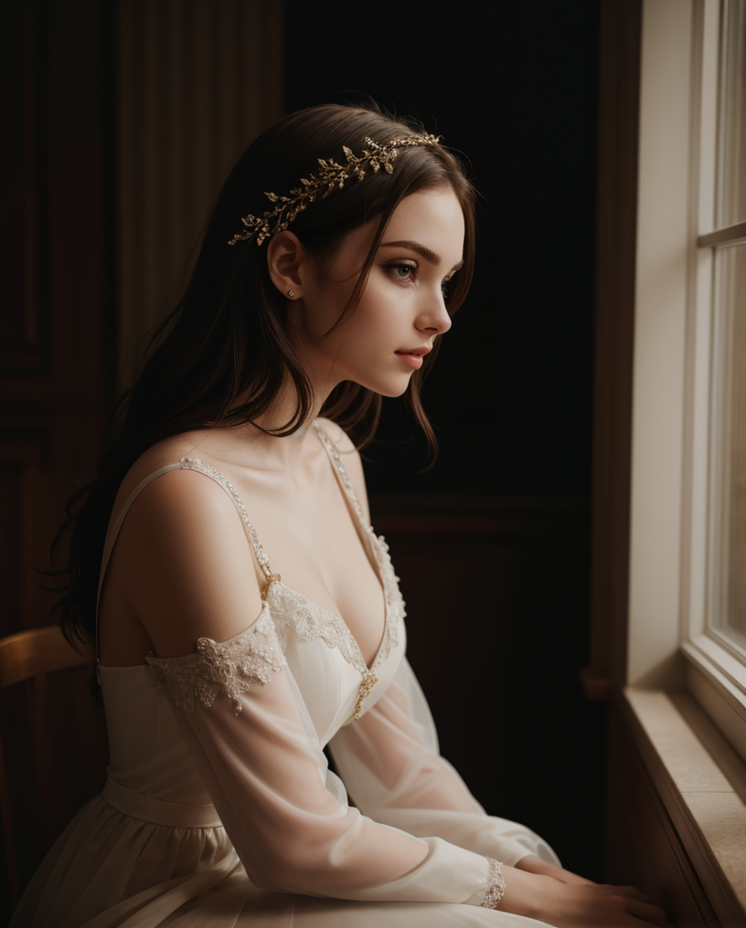 cleavage  epiCPhoto Style-EMCG (style of Paolo Roversi) Renaissance woman, flowing diaphanous gown, seated by a window, period-appropriate artifacts, soft light, intricate details, thoughtful expression, soft lighting, rich textures, detailed embroidery, elegant and timeless, muted color palette, vintage and nostalgic, rule of thirds composition, soft shadows, dreamy atmosphere