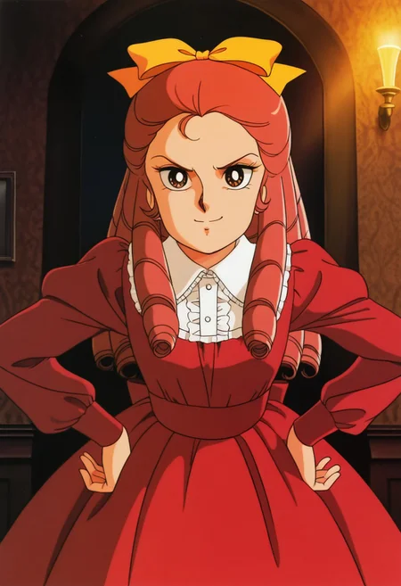 1girl, solo, Eliza_Leagan, shiny red hair, brown eyes, Edwardian ringlets hair, drill hair, hair bow, yellow bow on top, high resolution, more details, 8k quality, score_9, score_8_up, score_7_up, masterpiece, best quality, official art, official style, very aesthetic, absurdres, source_anime, perfect anatomy, 1980s (style), hanging eyes, proportions, anatomically correct, perfect hands, perfect fingers, high resolution, more details, 8k quality, best quality, red velvet dress, vintage manor as background, night time, party, Early XX Century setting, looking at viewer, hands on own hips,