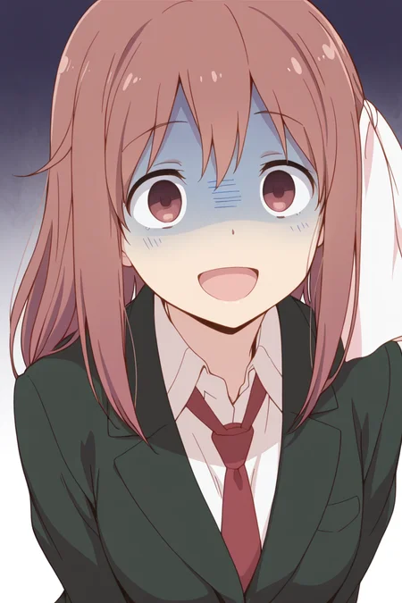 masterpiece, best quality, amazing quality,
<lora:Haruka_IL:1> haruka, 1girl, solo, necktie, open mouth, turn pale, smile, school uniform, :d, brown hair, jacket, blazer, shaded face, red necktie, hair ribbon, ribbon