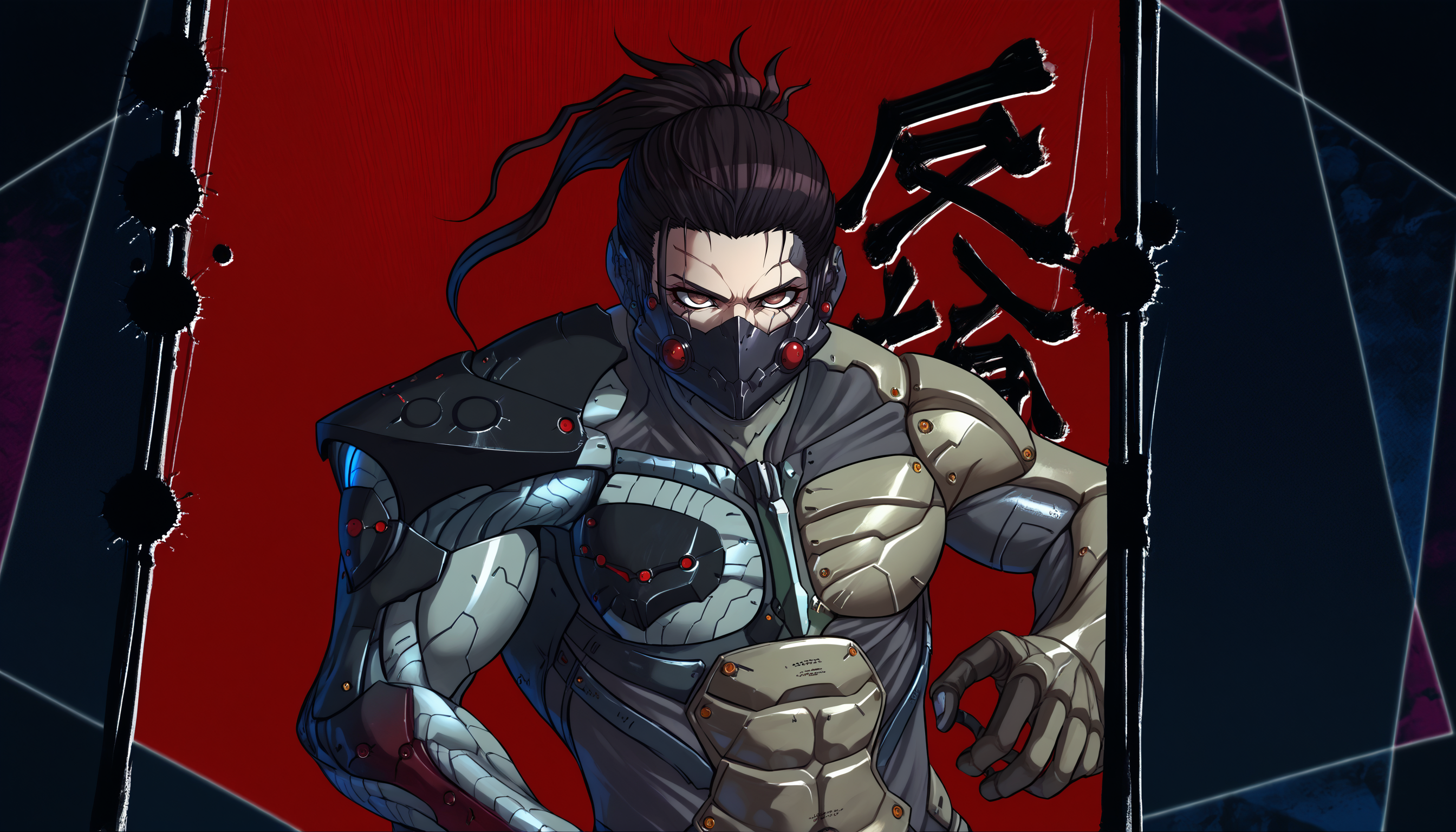 score_9, score_8_up, score_7_up, objection, upper body, multicolored background, red background, kanji,  <lora:Danganronpa3ObjectionCutIn_pdxl_Incrs_v1:1.1>, <lora:JetstreamSam_XLPD:0.85>, JetstreamSam, cyborg, bodysuit, headgear, mask,