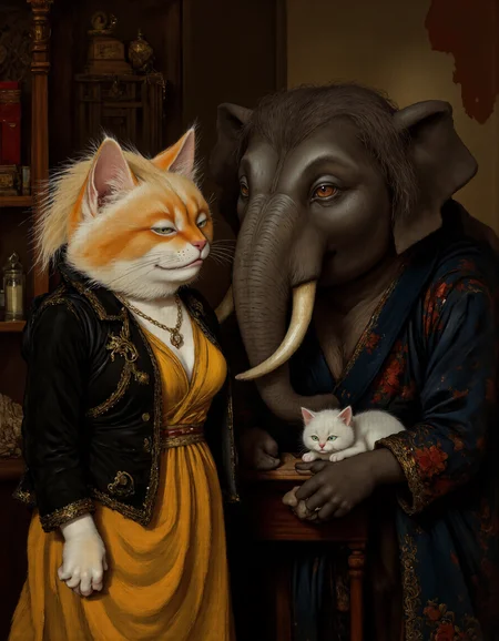 <lora:chizhcats:1>,, Rembrandt style. This is a digital painting in a semi-realistic, painterly style, depicting a cat and an elephant standing closely together in a cozy, dimly lit room., The cat, positioned on the left, has light blonde fur styled to mimic a messy updo, with sharp, angular features and a confident, almost smug expression. It is dressed in a dark, worn-out, high-collared jacket with a gold trim, over a yellow dress with a high neckline. Its right paw rests on the shoulder of the elephant on its right, and it wears a gold necklace with a small pendant., The elephant, positioned on the right, has long, dark fur-like textures styled into a loose bun, and a more delicate, serene expression. It is dressed in a dark blue robe with red floral patterns, cinched at the waist with a gold belt. A small, fluffy white kitten with blue eyes is nestled in its trunk, adding a soft, playful element to the scene., The background features a cluttered bookshelf filled with books and a small table with a candle and other items, creating a warm, intimate atmosphere. The walls are painted in muted, earthy tones with splashes of red and orange, adding depth and contrast to the scene., The overall mood is one of warmth, intimacy, and a touch of Baroque drama. Chiaroscuro lighting, realistic, emotional, flat lighting focus, cinematic, highly detailed, professional fine detail