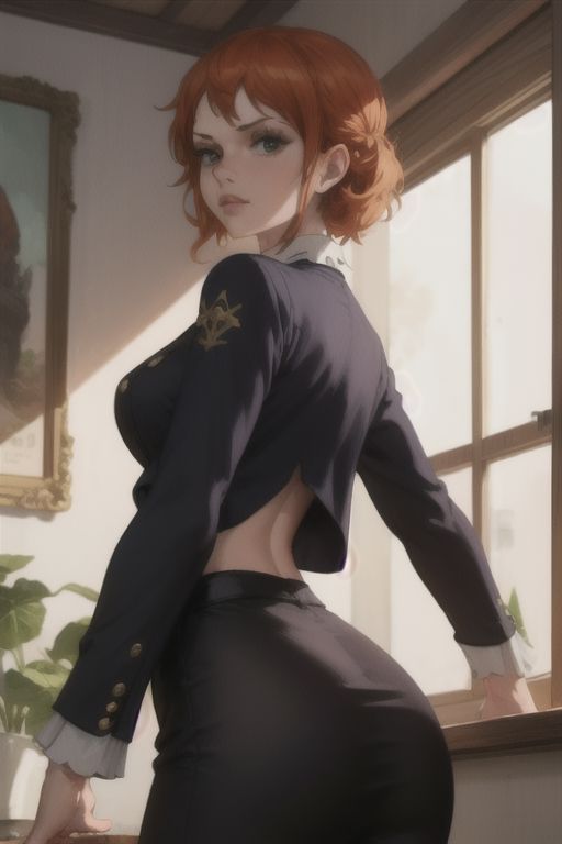 A painting of a woman in a black suit,  nami,
with a white background and a white wall,  a painting, fantasy art
masterpiece, best quality, depth of field, backlighting, intricate details,  <lora:SDXLHighDetail_v5:1>