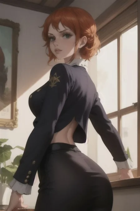 A painting of a woman in a black suit, nami,
with a white background and a white wall, a painting, fantasy art
masterpiece, best quality, depth of field, backlighting, intricate details, <lora:SDXLHighDetail_v5:1>