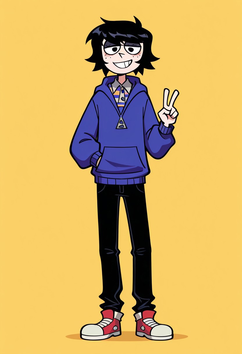 masterpiece, best quality, highres, toedi, toedi style, BREAK, mike_owm, 1boy, solo, black hair, short hair, black eyes, freckles, collared shirt, striped shirt, blue jacket, hoodie, black pants, shoes, looking at viewer, grin, v, hand in pocket, standing, full body, simple background