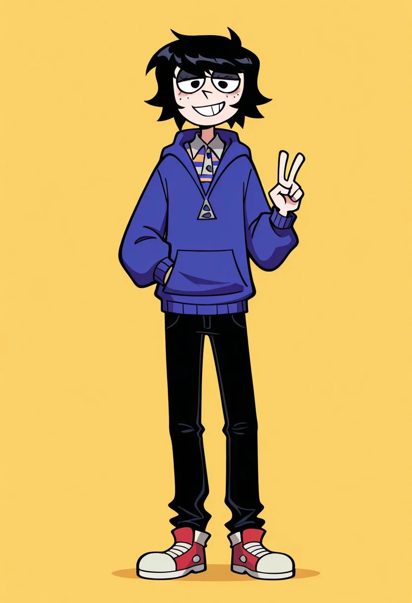 masterpiece, best quality, highres, toedi, toedi style, BREAK, mike_owm, 1boy, solo, black hair, short hair, black eyes, freckles, collared shirt, striped shirt, blue jacket, hoodie, black pants, shoes, looking at viewer, grin, v, hand in pocket, standing, full body, simple background