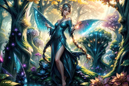 <lora:FeyAndFairies:1> FeyFa, sinister fantasy, scene, forest, river, statue, sun rays, <lora:Fairy:1> fairy, wings, long hair, pointy ears, bare legs, barefoot, sheer dress, off shoulder, smile, braid, best quality, masterpiece, <lora:more_details:0.65>, 1girl, solo