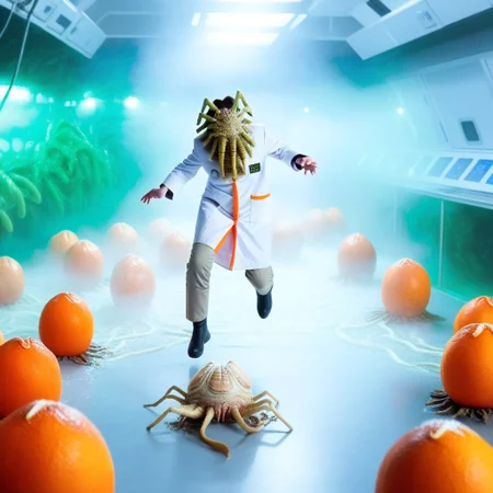 fchgr, blood orange style, xenoegg, view of a group of hatched xenoeggs, xenoeggs made of orange peel, horror theme, green light, space station interior, foggy ground, beautifully lit,
Female Doctor in lab coat with facehugger jumping at her, facehugger, alien facehugger