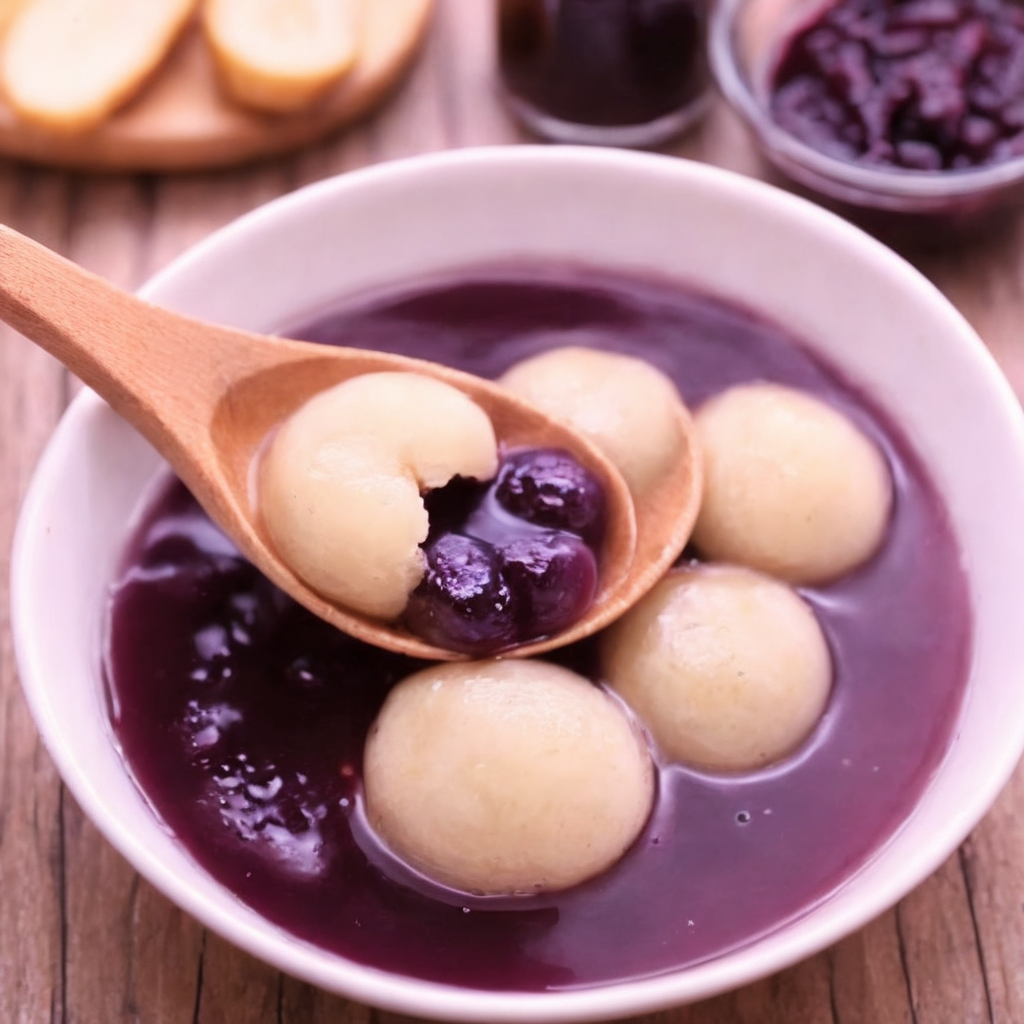 For a realistic style image of a spoon with some food in it,<lora:Tang_yuan:0.85>,Grape jam  filling  ,
