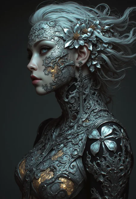 Silver statue of a woman, her skin composed of delicate, textured silver flakes, with chrome and glass flowers intricately woven into her hair, her eyes gleaming with a warm, bluish light, wearing a majestic, windy-blown ornate gown with tattered, silver petals, reminiscent of a dark, dystopian world, her face and shoulders illuminated by a soft, ambient glow, as if radiating an otherworldly energy. In the styles of Royo's dark, mystical realism, Artgerm's hyper-detailed, metallic sheen, and Lovecraft's eerie, atmospheric tension, with meticulous attention to intricate textures, dramatic shading, and a sense of haunting, ethereal beauty.