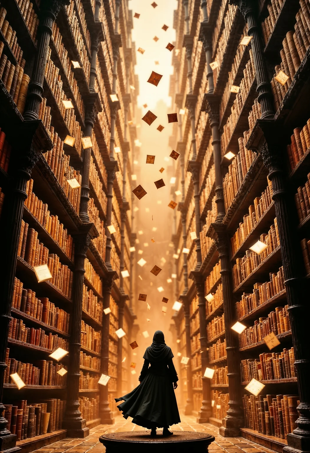 a fantastical library scene. The style is surreal and imaginative, with towering bookshelves that appear to float and extend infinitely upwards. The layout is vertical, emphasizing the height and grandeur of the library. The subject is a lone figure standing on a platform, wearing a long, flowing cloak that billows dramatically. The figure is positioned with their back to the viewer, gazing up at the towering shelves. The scene is filled with flying pages and books, adding a sense of motion and chaos. The color palette is warm, with golden and brown tones dominating, creating a mystical and ancient atmosphere. Light filters through the shelves, casting soft shadows and highlighting the dust particles in the air, enhancing the ethereal quality of the scene.