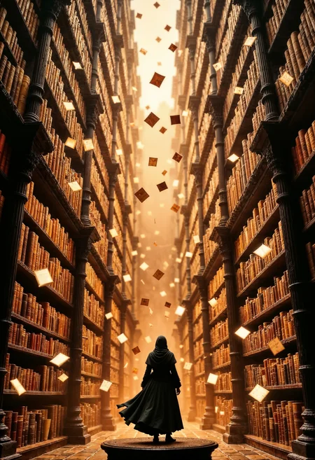 a fantastical library scene. The style is surreal and imaginative, with towering bookshelves that appear to float and extend infinitely upwards. The layout is vertical, emphasizing the height and grandeur of the library. The subject is a lone figure standing on a platform, wearing a long, flowing cloak that billows dramatically. The figure is positioned with their back to the viewer, gazing up at the towering shelves. The scene is filled with flying pages and books, adding a sense of motion and chaos. The color palette is warm, with golden and brown tones dominating, creating a mystical and ancient atmosphere. Light filters through the shelves, casting soft shadows and highlighting the dust particles in the air, enhancing the ethereal quality of the scene.