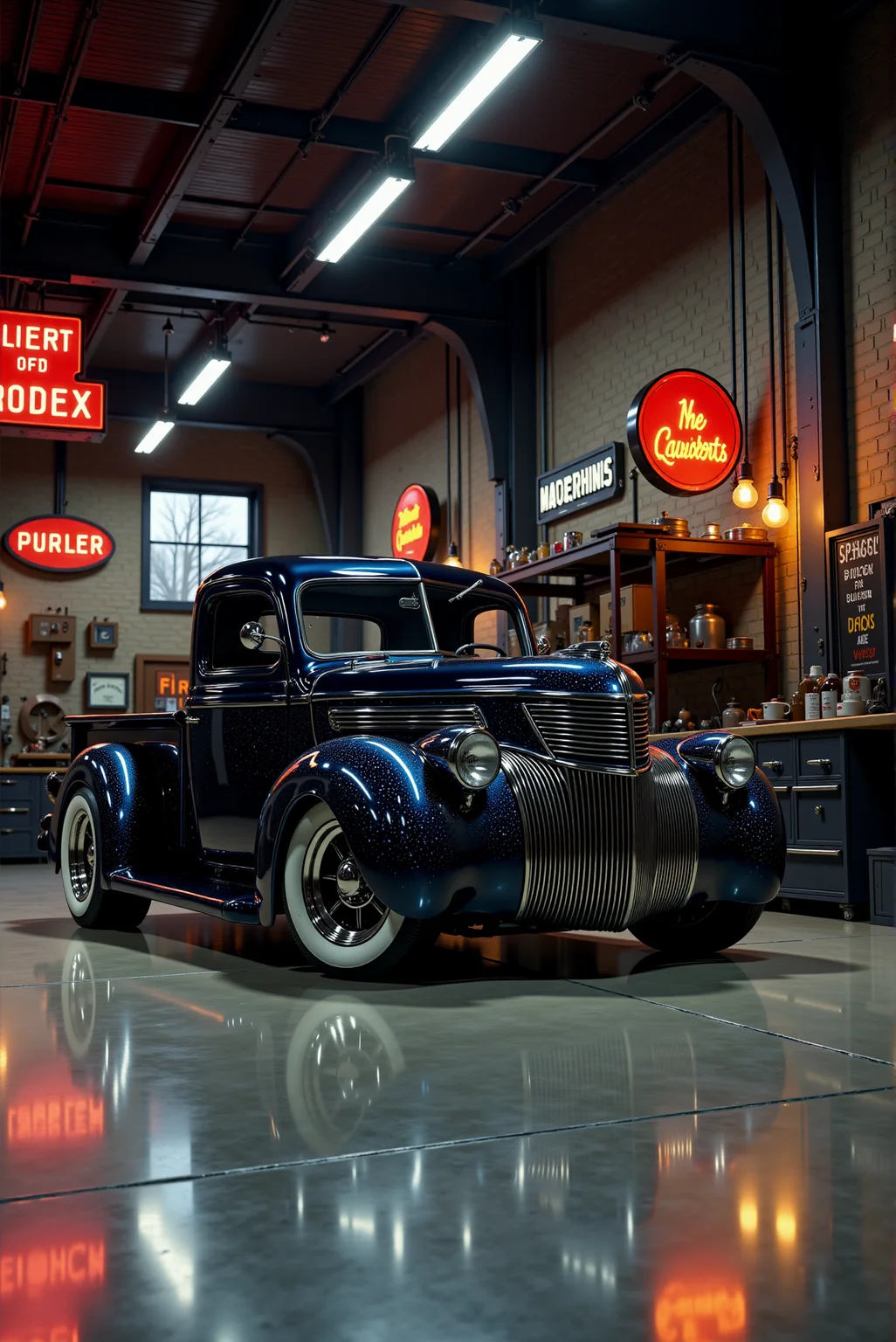 <lora:Hot_rod__style:0.8>
A masterfully restored vintage pickup truck commands the center of a dimly lit industrial garage, its obsidian-black paint infused with deep crimson undertones that catch the flickering glow of hanging Edison bulbs, creating the illusion of embers shifting beneath its glassy surface. A hauntingly intricate pattern of spectral blue and silver pinstripes flows across the body like ghostly tendrils, their delicate curves echoing the truck’s sculpted lines. The front grille, a polished masterpiece of precision-machined chrome, gleams like the fanged maw of a mechanical beast, while the meticulously crafted side exhausts release a faint wisp of vapor, hinting at the beastly supercharged engine within. Sitting aggressively low on custom whitewall tires wrapped around jet-black split-spoke wheels, the truck’s stance is both menacing and refined, its presence magnified by the echoes of distant machinery humming in the vastness of the garage. The polished concrete floor reflects the gleam of its chrome accents, and in the background, old neon signs cast a nostalgic, electric glow over the vintage toolboxes and oil-stained workbenches, creating a scene frozen in time, where past and present collide in pure, mechanical poetry.