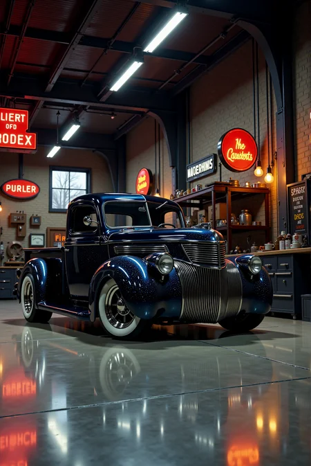 <lora:Hot_rod__style:0.8>
A masterfully restored vintage pickup truck commands the center of a dimly lit industrial garage, its obsidian-black paint infused with deep crimson undertones that catch the flickering glow of hanging Edison bulbs, creating the illusion of embers shifting beneath its glassy surface. A hauntingly intricate pattern of spectral blue and silver pinstripes flows across the body like ghostly tendrils, their delicate curves echoing the truck’s sculpted lines. The front grille, a polished masterpiece of precision-machined chrome, gleams like the fanged maw of a mechanical beast, while the meticulously crafted side exhausts release a faint wisp of vapor, hinting at the beastly supercharged engine within. Sitting aggressively low on custom whitewall tires wrapped around jet-black split-spoke wheels, the truck’s stance is both menacing and refined, its presence magnified by the echoes of distant machinery humming in the vastness of the garage. The polished concrete floor reflects the gleam of its chrome accents, and in the background, old neon signs cast a nostalgic, electric glow over the vintage toolboxes and oil-stained workbenches, creating a scene frozen in time, where past and present collide in pure, mechanical poetry.