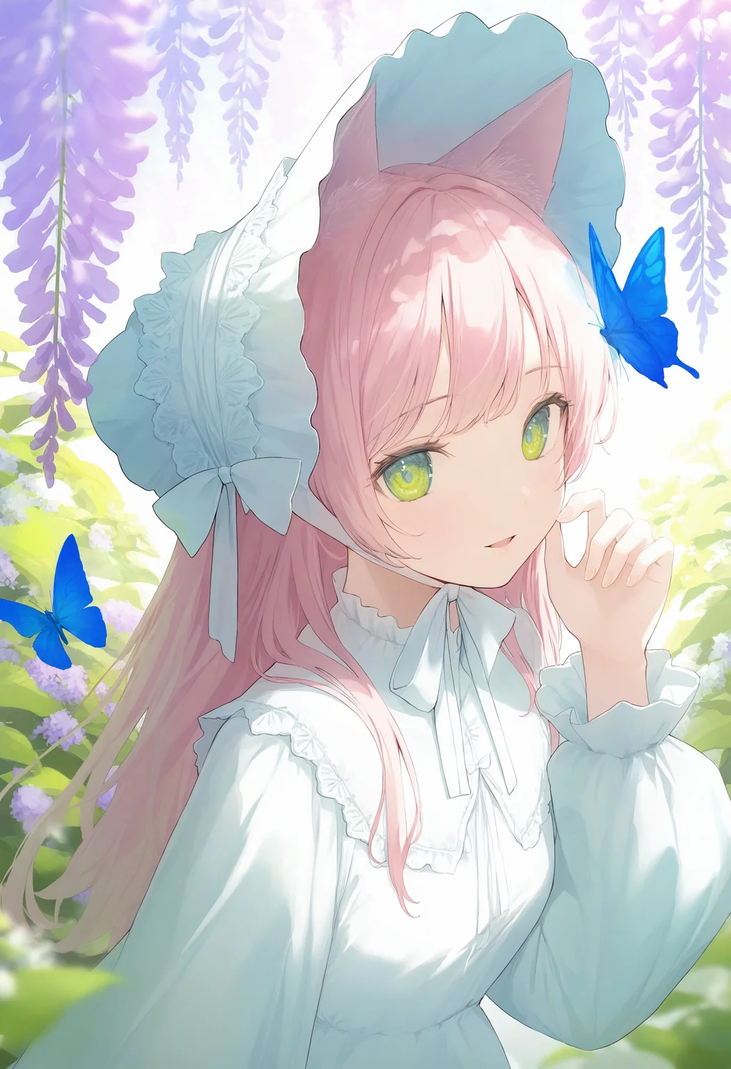 1girl, animal ears, butterfly, pink hair, solo, bug, long hair, flower, green eyes, looking at viewer, wisteria, upper body, blue butterfly, cat ears, bonnet, long sleeves, dress, parted lips, smile, white headwear, white dress, hand up,
masterpiece,best quality,newest,absurdres,highres,very awa,<lora:negi1_noob1.1-000186:0.8>,
