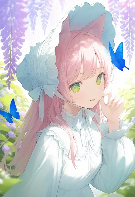 1girl, animal ears, butterfly, pink hair, solo, bug, long hair, flower, green eyes, looking at viewer, wisteria, upper body, blue butterfly, cat ears, bonnet, long sleeves, dress, parted lips, smile, white headwear, white dress, hand up,
masterpiece,best quality,newest,absurdres,highres,very awa,<lora:negi1_noob1.1-000186:0.8>,