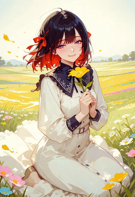 Flat colors, high detailed, high quality, masterpiece, best quality, very awa, absurdres, detailed eyes, detailed face, detailed skin, simple background, BREAK
(colourful:1.3), (cute character:1.5), 1girl kneeling on a meadow, cute, long black hair, red hair ribbon, hair flying in the wind, stormy, big blue eyes, detailrd open eyes, white dress with ruffles, holding a flower, small breasts, shy smile, flying petals, detailed background, soft pastel colours, warm and sunny atmosphere,
748cmstyle, artist:moriimee