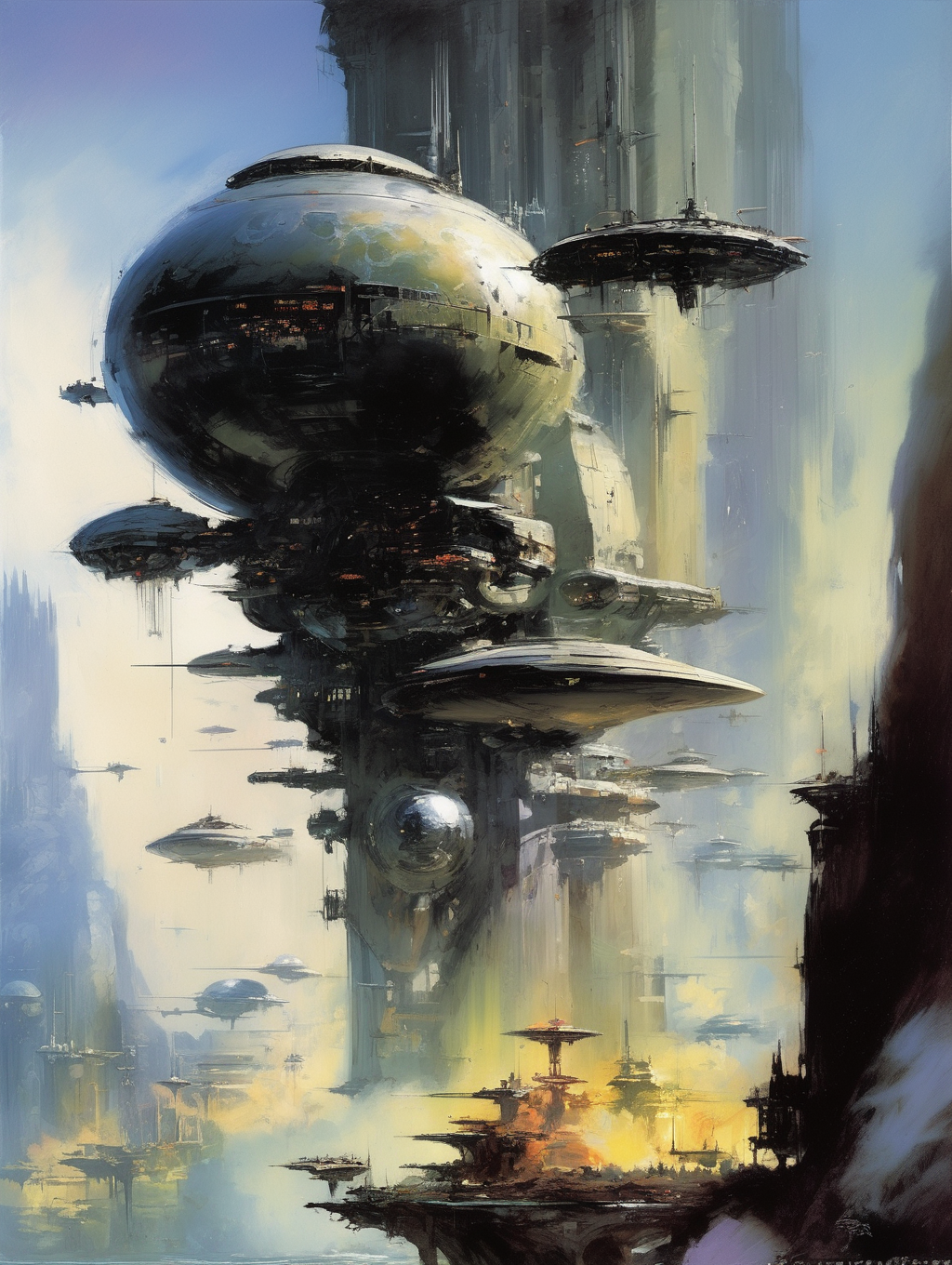 <lora:John Berkey Style:1>John Berkey Style - sci-fi fantasy painting in by john berkey + Iain McCaig, art style paintings with modern fantasy and science fiction concepts