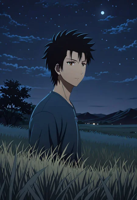 Highres, Masterpiece, High Quality, 4K, 8K, solo, 1Boy, Soujirou Agata, brown eyes, black hair, grassland, no light pollution, bush, nature, calm, peaceful, night breeze, breeze, awe, dim, easynegative, detailed_eye_model