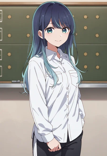 score_9, score_8_up, score_7_up, , score_ANIME,,kurokawaakane, solo, 1girl, long hair, chalkboard, pocket, blue hair, looking at viewer, white shirt, long sleeves, track pants, breast pocket, indoors, collared shirt, bangs, smile, closed mouth, standing, aqua eyes, cowboy shot,, gradient hair, black pants, <lora:kurokawaakane_pony2:0.8> cowboy shot,smile,