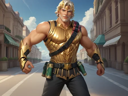 score_9, score_8_up, score_7_up, score_6_up, score_5_up, score_4_up, source_anime , rating_explicit
   city, street, dinamic pose,   <lora:add-detail-xl:1> <lora:Zeus_pony:0.6> 1boy, male focus, light smile, mature male, white hair, green eyes, hair face, beard,mustache, muscular,  olympus, bara,  clouds,  pants, golden armor, looking at viewer,