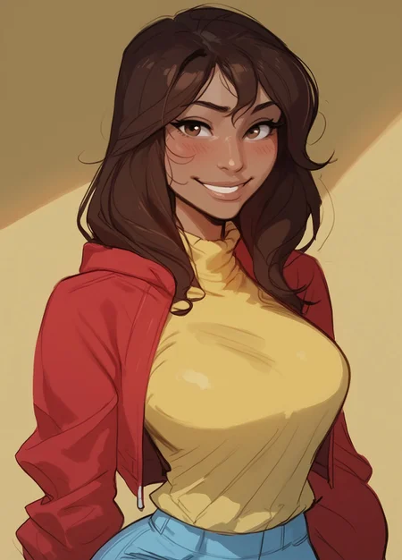 safe_pos, (score_9, score_8_up, score_7_up, score_6_up), Expressiveh, ((sketch, pastel, flat color)), masterpiece,
BREAK ((1girl, kamala khan, kamalakhan, brown hair, brown eyes, dark skin, long hair, dark-skinned female, large breasts, slender, medium waist, wide hips)),
smile, blush, looking at viewer, (red hoodie, jacket, yellow shirt, blue jeans), portrait, solo, upper body