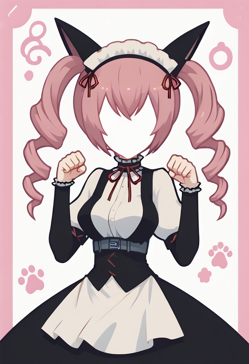score_9, score_8_up, score_7_up, score_6_up, score_5_up, score_4_up <lora:PonyMinimalStyle:1> Minimalstyle, ,faris nyannyan,1girl, simple, paw pose, faceless female, beautiful, extremely detailed, vector, <lora:steinsgate_nyannyan_ponyXL:1>, animal ears, twin drills, maid headdress, animal ears, maid, dress, apron, puffy short sleeves, black pantyhose, belt
