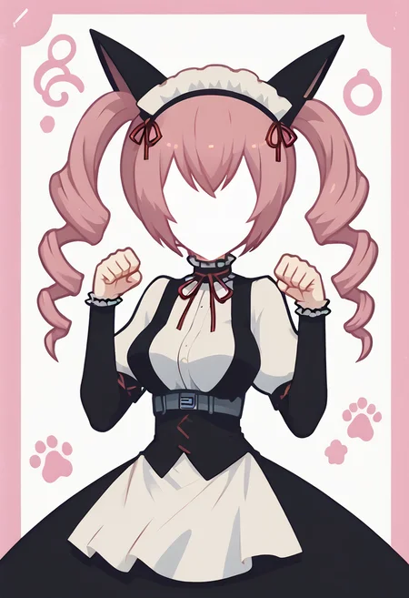 score_9, score_8_up, score_7_up, score_6_up, score_5_up, score_4_up <lora:PonyMinimalStyle:1> Minimalstyle, ,faris nyannyan,1girl, simple, paw pose, faceless female, beautiful, extremely detailed, vector, <lora:steinsgate_nyannyan_ponyXL:1>, animal ears, twin drills, maid headdress, animal ears, maid, dress, apron, puffy short sleeves, black pantyhose, belt