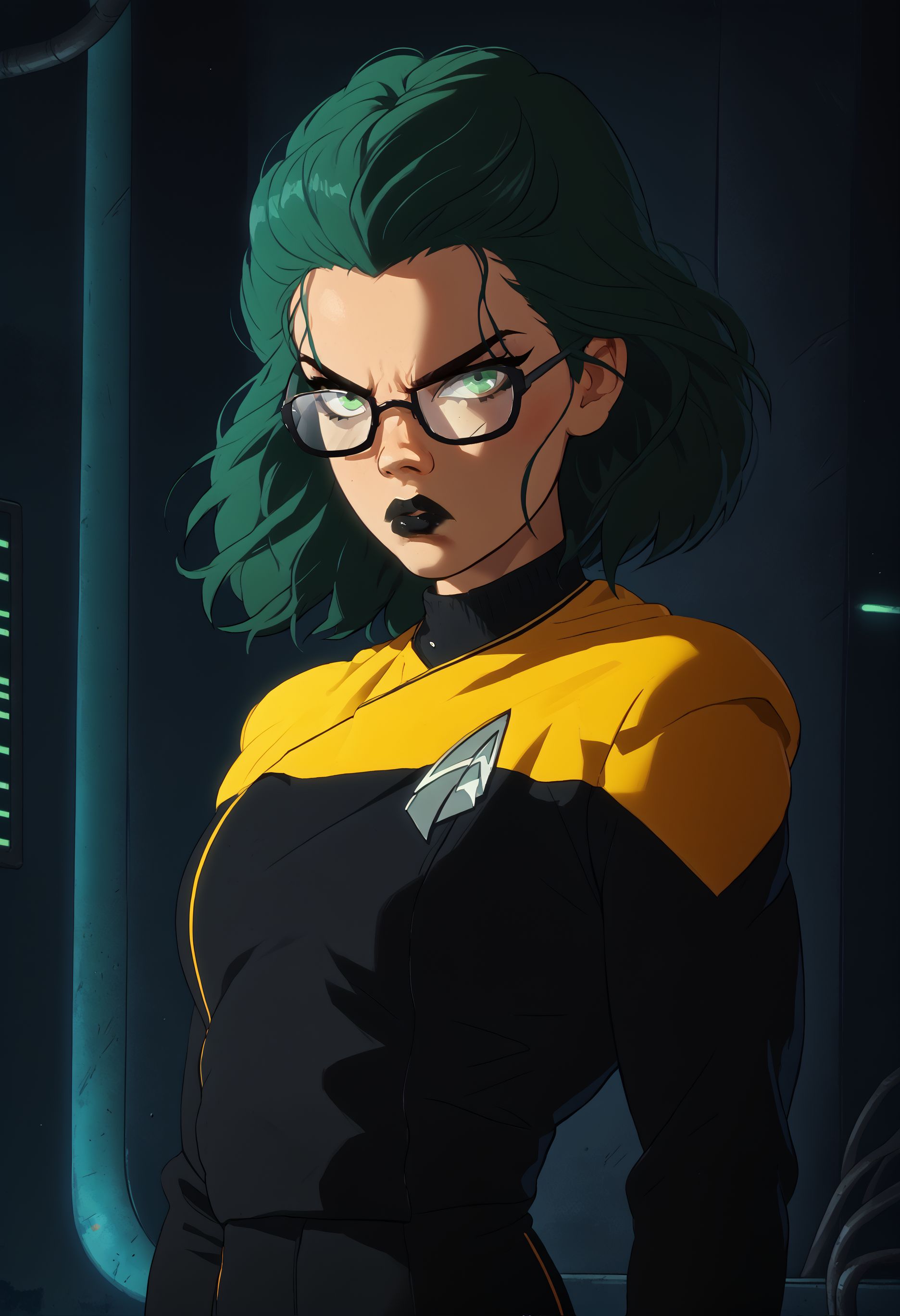 score_7_up,solo,modern haircut,1girl,black lipstick,serious,black glasses,hair higlight,green eyes,
pcdst,Star trek uniform,yellow,yellow shoulders,black jumpsuit
,<lora:PicardPony-000050> <lora:Kenva_Enhanced:0.8><lora:Kenva:0.8>