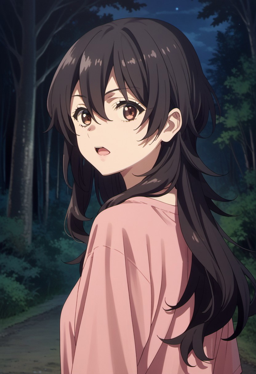 score_9, score_8_up, score_7_up, source_anime, ameku takao, long hair, black hair, brown eyes, solo, 1girl, anime coloring, open mouth, looking at viewer, night, looking back, forest, outdoors, nature, hair between eyes, tree, pink shirt, shirt