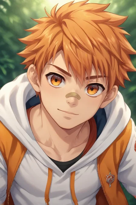 score_9, score_8_up, score_7_up, source_anime, rating_safe, intricate details, (photorealistic:0.6), looking at viewer, depth of field, 1boy, solo, male focus, <lora:jirou_camp_buddy_pony:0.94>, jirou_camp_buddy, orange hair, orange eyes, bandaid on nose, , , <lora:sdxl_lightning_8step_lora:1>