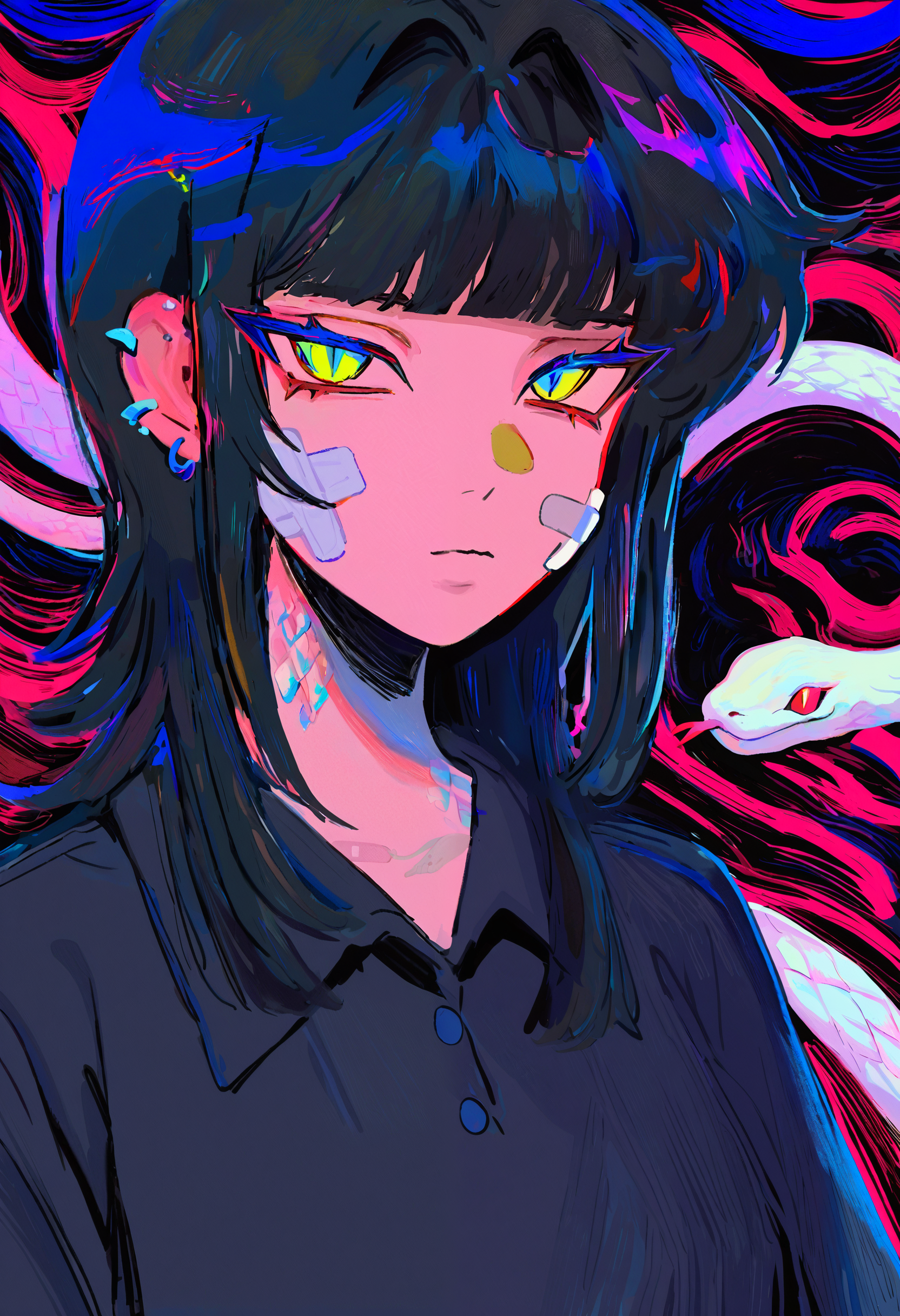 <lora:eXZvdG9ybw==-noobaiXLNAIXL_epsilonPred_V110_V1-CAME>, eXZv, slit pupils, 1girl, black hair, snake, blue eyes, looking at viewer, bandaid, bandaid on face, bandaid on cheek, solo, closed mouth, long hair, scales, piercing, ear piercing, sharp teeth, teeth, animal, white snake, yellow eyes, shirt, upper body, collared shirt, black dress, tsurime, blunt bangs, sidelocks, medium hair, bandage on face