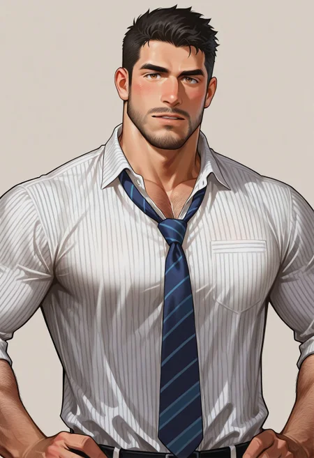 blush,parted lips,hands on own hips,white shirt,striped shirt,collared shirt,loose necktie,looking at viewer,
1boy,bara,muscular male,mustache,brown eyes,black hair,long sideburns,hairy,mustache,simple background,
very awa,masterpiece,best quality,absurdres,newest,perfect quality,detailed background,intricate details,<lora:cm-vc:0.6>,