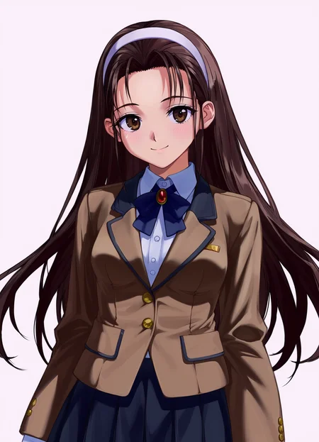 score_9, score_8_up, score_7_up, masterpiece, best quality, absurdres, official art, official style, anime screencap, megami magazine, zPDXL2, zPDXLxxx, <lora:Itsuki Haruka (Escalation -Hard Core-) Pony v1_epoch_10:0.7>, 1girl, itsuki_haruka, large breasts, BREAK, tareme, brown eyes, BREAK, black hair, brown hair, long hair, bangs, sidelocks, forehead, BREAK, white hairband, hairband, BREAK, school uniform, blazer, brown jacket, long sleeves, buttons, BREAK, white shirt, BREAK, miniskirt, pleated skirt, black skirt, BREAK, white legwear, BREAK, loafers, BREAK, <lora:neg4all_bdsqlsz_xl_V91:1.0> <lora:ALTXL_pony_0061_8:2.0>, <lora:detailed_hands-000002:1>, hand cowboy shot, looking at viewer, smile, (open mouth:0.5), simple background, white background,