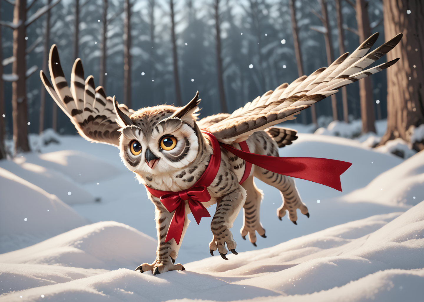 score_9, score_8_up, score_7_up, score_6_up, score_5_up, score_4_up, detailed, realistic, illustration, 8k, snowy owl flying with christmas ribbons in its talons (cute furry feral:1.2), source_furry <lora:Animal_Christmas:0.8> animal christmas