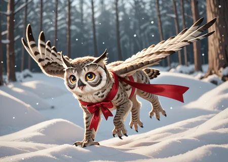 score_9, score_8_up, score_7_up, score_6_up, score_5_up, score_4_up, detailed, realistic, illustration, 8k, snowy owl flying with christmas ribbons in its talons (cute furry feral:1.2), source_furry <lora:Animal_Christmas:0.8> animal christmas