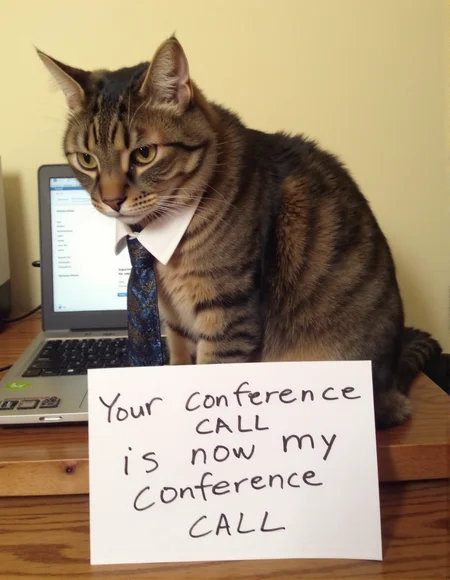 sh4m3 a high resolution photo  of a cat sitting on a laptop with a sign in front of it that says with handwritten text: "Your conference call is now my conference call" <lora:Meme_soph-CatShame-FLUX:1>. cat is wearing a necktie and shirt collar