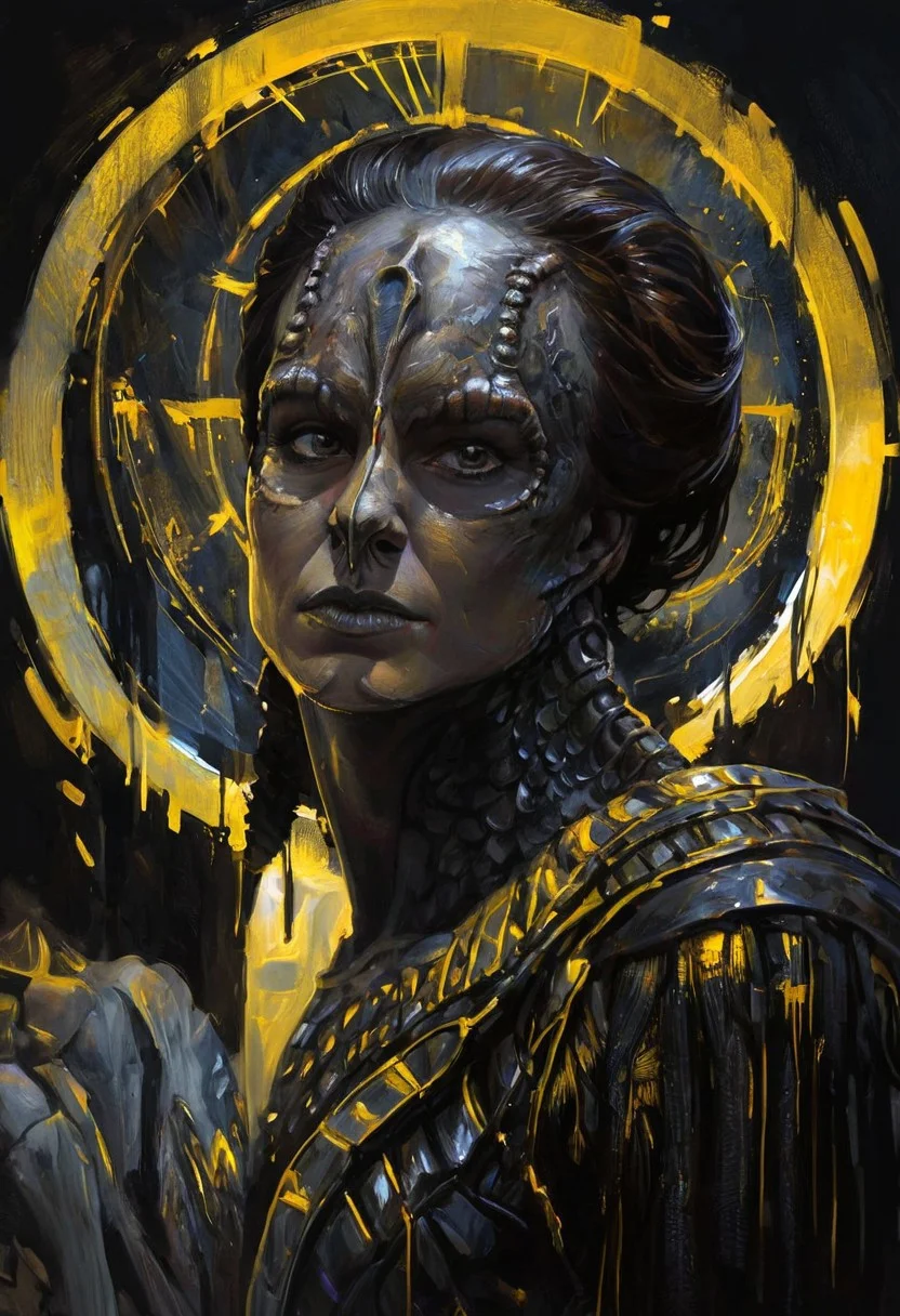 (a female c4rd45514n alien, forehead crest, grey skin, ridges, scales), approaching perfection, dynamic, moody, darkness, shadows, dark, sinister, pitch black, highly detailed, black ancient rusty knight armor, digital painting, artstation, concept art, smooth, sharp focus, illustration, art by Carne Griffiths and Wadim Kashin, dark black colors, good shadows, dim lit, devoid of color, low light, back light, hidden, obscured, black hue in hair, mirrors, prisms, reflection, refraction, prismatic, monolith, obsidian, bright yellow god rays, sun circle
