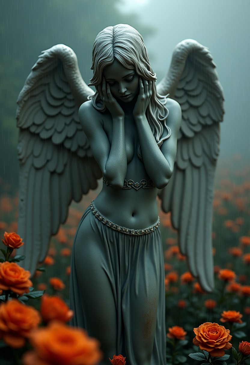 presents an enigmatic victorian garden, orange roses, gothic, rain and fog, halloween, full body, woman statue, weeping statue, "weeping angel" , angel of death, patina, swirling mist, thick fog, hyperdetailed, photorealistic, hyper realistic, cinematic lighting, volumetric lighting, intricate detail, unreal engine 5, in the style of pictorialism influence the (essence of Sophie Wilkins' fantastical, dark background, Peter Holme III's, and Pipilotti Rist's bold art). forms beings, abstract composition, fantastical illustrations, bold art, morphing shapes, while the surrounding darkness imbues the image with an air of mystery and secrets untold. lending an air of melancholy to this cinematic masterpiece.