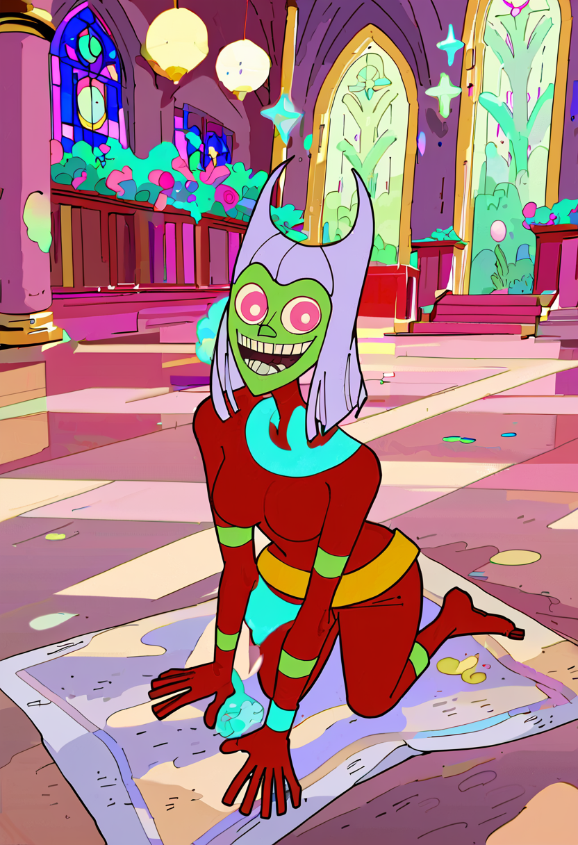 <lora:TwelveForever_ButtWitch_Pony:1.1>, butt witch \(monster\), kneeling, smile, twelve forever, 1girl, solo, colored skin, red bodysuit, in a ruined church, masterpiece, best quality, score_9, score_8_up, score_7_up