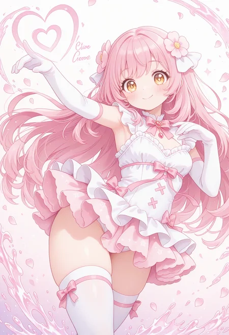 masterpiece, best quality, good quality, nsfw, (love cure:0.8) awesome top artist comic, solo, dutch angle, dynamic dancing pose, (transformation scene:1.1),  pink and white two-tone design, a girl is shining nikki 20yo tall height small breasts, wearing pink flower negligee with frilled microskirt, with bowtie, (henshin pink glowing body:1.1), (white long glove and thighhigh:1.1),smile, thick thighs, vivid pink hair, long hair, yellow eyes, glistening clothes, reflective clothes, splashing pink flower petal effect, pink aura,star effect, heart sign effect, pink and cyan gradient background,  subtle ambient glow, global illumination, perfect anatomy, perfect female proportion, sound effect, <lora:spo_sdxl_10ep_4k-data_lora_webui:1>,<lora:cfg_scale_boost:0.8>,   <lyco:transformation scene_illustrious_V1.0:0.5>,  <lora:[hikari]shining_nikki_style_pony_v1:0.7>