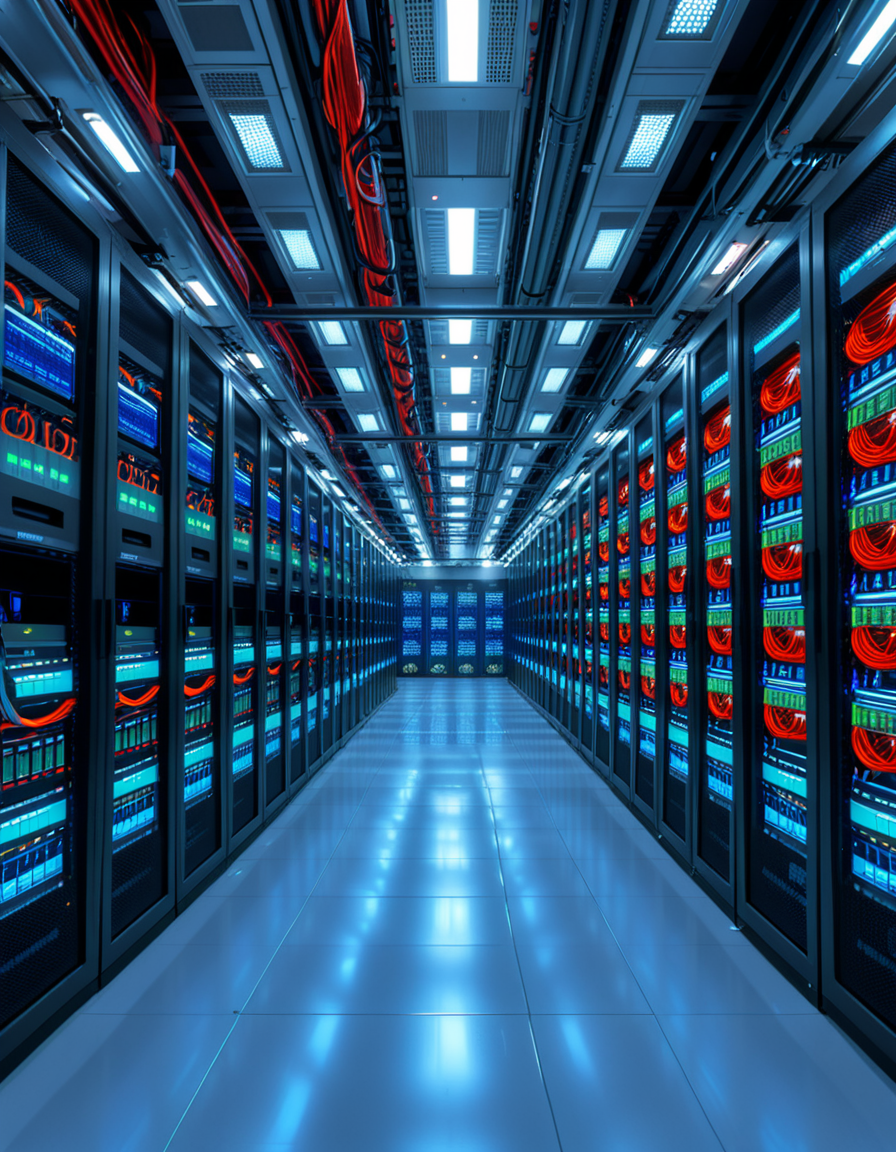 A high-security server room with dim, cold blue lighting and rows of towering black server racks filled with blinking LED indicators. The air is sterile, with a faint hum of cooling fans and the soft beeping of data transfers. Thick, reinforced cables snake across the floor, connecting the machines to a central security terminal displaying encrypted code on multiple high-resolution monitors. The walls are lined with biometric scanners, surveillance cameras, and warning signs indicating "Restricted Access" and "Cyber Threat Level: High." A red emergency light subtly glows in the background, casting a sense of urgency. The atmosphere is ultra-modern and highly secure, evoking the feeling of a top-secret data vault or cyber warfare control center.
<lora:SDXLFaeTastic2400:0.4> <lora:extremely_detailed:0.4> extremely detailed, <lora:high-security_s3rv3r_r00m:1>,high-security s3rv3r r00m, Masterpiece,best quality,hi res,8k,hi res,8k,award winning,(sharp focus, intricate, highly detailed),