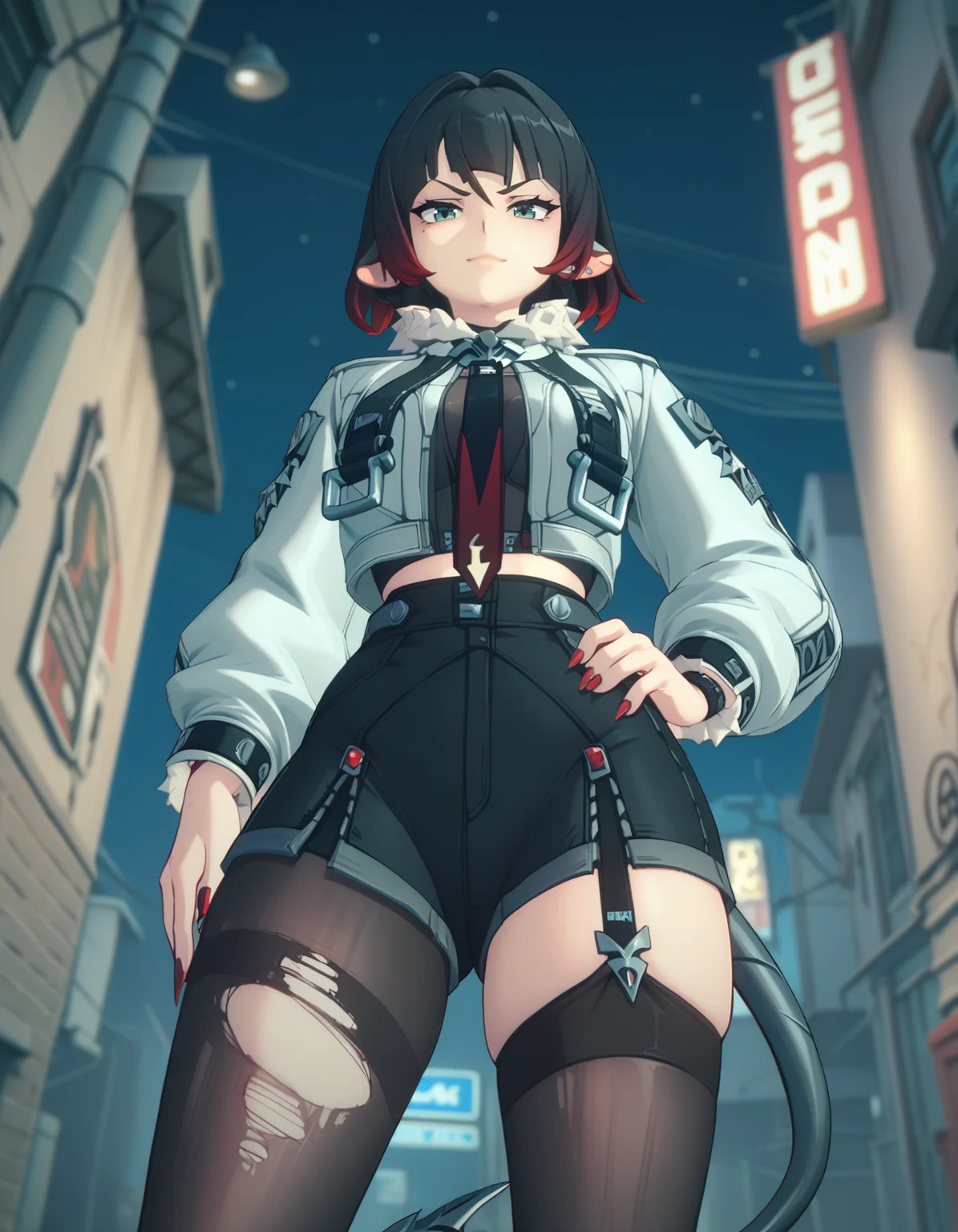 score_9, score_8_up, score_7_up, <lora:zzz-pack-v5-ponyxl-000030:0.9> jnedw, gradient hair, black hair, red hair, fur-trimmed jacket, necktie, high-waist shorts, single garter strap, torn pantyhose, mouse tail
1girl, solo, looking down, from below, hand on own hip, smirk, alley, night