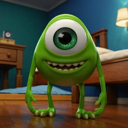 BobRazowski1024, a short green creature ((with one eye)) in a bedroom, detailed eyes, highly detailed , photography, ultra sharp, film, bokeh, professional, 4k, highly detailed   <lora:add-detail-xl:1.5>  <lora:BobRazowski1024:0.8>
