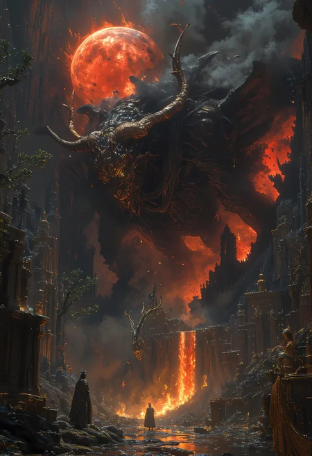 A desolate, haunted landscape dominated by a blood-red moon with gnarled arms reaching from its surface, casting eerie shadows. Below, a fire minotaur blazes, its form (disintegrating and dissolving into fog and smoke:1.9), (blending form with reality:1.9), merging into swirling mist and scattering smoke that engulfs the scene. Amid the chaos, a majestic emerald-green serpent-like dragon with shimmering scales and glowing golden eyes coils gracefully through cascading waterfalls and jagged cliffs, its presence serene yet commanding. A lone figure in a golden robe stands by a reflective stream, caught between the dissolving minotaur's fiery chaos and the dragon's mystical calm. Twisted, skeletal trees frame the scene, their claw-like branches stretching in anguish, while the decrepit silhouette of an old house looms in the fog. Volumetric lighting highlights drifting mist, cracked light, and scattering smoke, blending vibrant realism with an eerie, dreamlike atmosphere