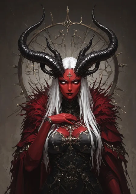 sian, Black horns, red skin, white eyes, solid eyes, White hair, long hair,
masterpiece, best quality, intricate detailed, best resolution, newest, highres, absurdres