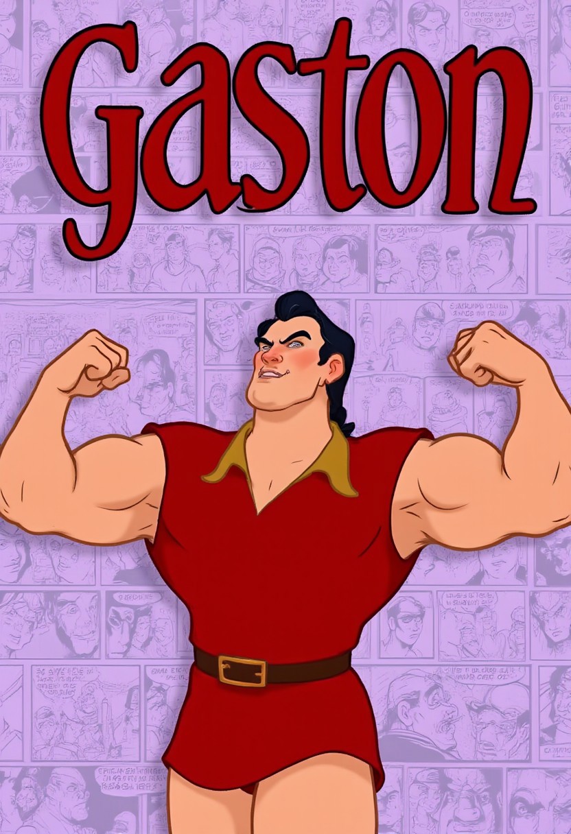 Title: Display the title "Gaston" in bold red text, ornate text
main character: a muscular Gaston, wearing red, flexing his biceps,
visual style: bullylsf1, light violet background, outline, 2d, background is wallpaper of various comic strips