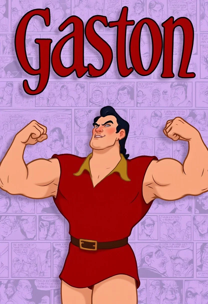 Title: Display the title "Gaston" in bold red text, ornate text
main character: a muscular Gaston, wearing red, flexing his biceps,
visual style: bullylsf1, light violet background, outline, 2d, background is wallpaper of various comic strips