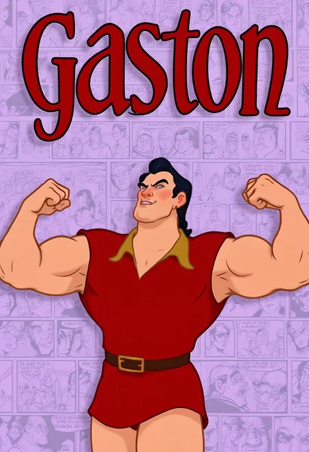 Title: Display the title "Gaston" in bold red text, ornate text
main character: a muscular Gaston, wearing red, flexing his biceps,
visual style: bullylsf1, light violet background, outline, 2d, background is wallpaper of various comic strips