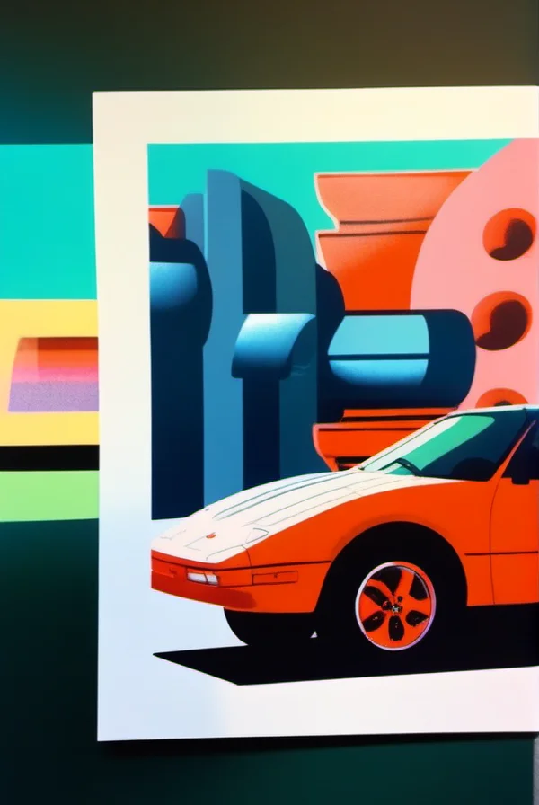 <lora:risograph-sdxl:1>, risograph, 3/4 angle of a sports car parked in a parking lot, retrofuturistic city, clean lines, promotion flyers