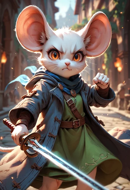 score_9, score_8_up, score_7_up, zPDXL2, detailed background, concept art, realistic, dark theme, low light, solo, anthro mouse girl, tiny, bald, <<fluff on body>>, tunic, cute, perfect eyes, orange eyes, determined, hooded, blue scarf, holding a sword, ruin background, coat, scar over eye, white fur, (bottomless), battle pose, tail visible, flowing coat, attack,